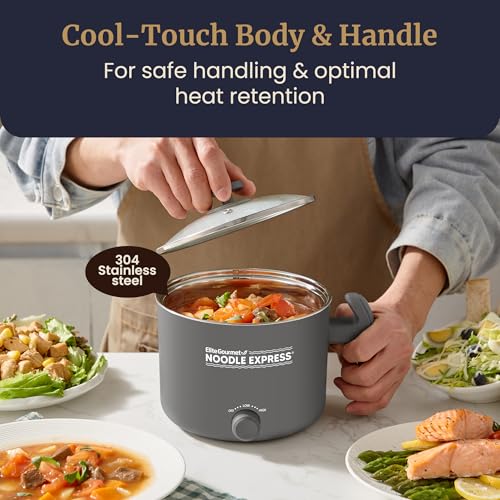 Elite Gourmet NOODLE EXPRESS™ Hot Pot, Prepare Ramen, Rice, Soups, Stews, Boil Water, Stainless-Steel Interior, Glass Lid, High/Low/Off Settings, Grey - Image 4