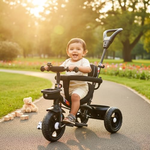 Image of Luusa GT-1 Kids Tricycle with Parental Control Handle, Safety Guard Rail & Cushioned Seat | Plug & Play Baby Trike for Boys & Girls (1 to 4 Years) | Up to 25 kg Load Capacity | Made in India | Black Edition