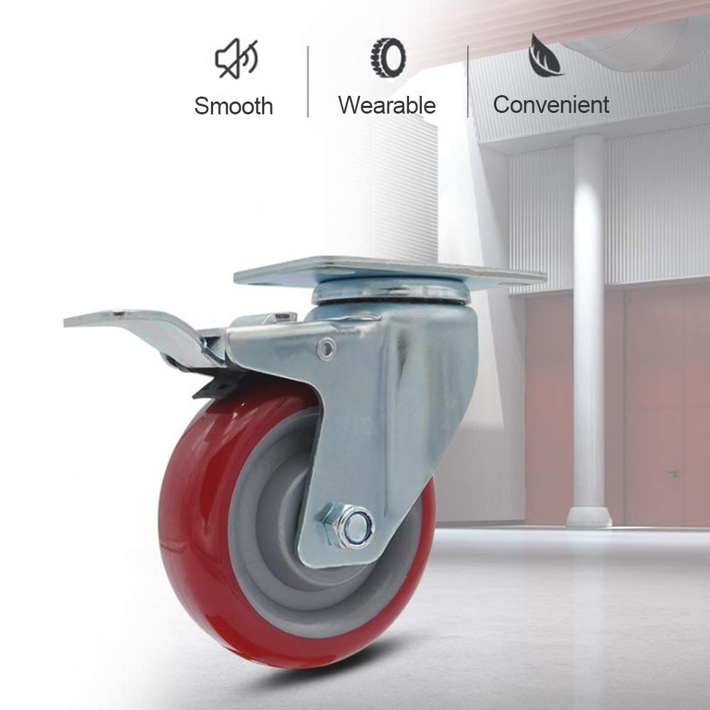 Ruedas de Transporte, Ruedas Pesadas, Ruedas universales con Frenos, Capacidad de Carga 500 kg, 4 Piezas, Ruedas de Goma de Poliuretano, 360 °; Rotación, 4 sin Frenos, 125 mm
