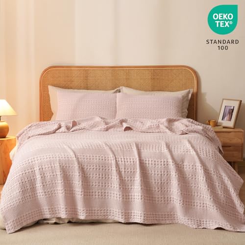 Image of PHF 100% Cotton Waffle Blanket Queen Size for Bed, Lightweight Breathable and Soft for Summer, Luxury Aesthetic Waffle Weave Blanket for Home Decor & Gifts for Women, 90 inchx90 inch, Pink /Mauve
