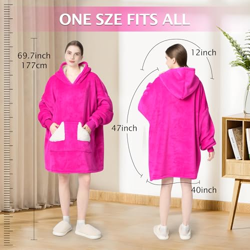 Touchat Wearable Blanket Hoodie, Oversized Sherpa Fleece Sweatshirt Blanket with Giant Hood Pocket and Sleeves for Adult, Warm & Cozy Blanket Gifts for Women (Neon Pink)