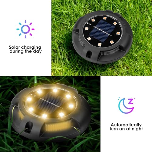 Fohil 12 Pack Solar Ground Lights Outdoor,12 LEDs Solar Disk Lights Waterproof In-ground Lights for Pathway Lawn Yard Patio Walkway Driveway Deck Garden Decor Warm White by Fohil - Image 4