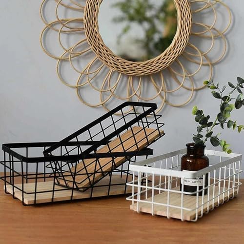 Cesta de almacenamiento de metal con base de madera natural y rejilla negra 6
