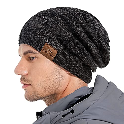 PAGE ONE Mens Winter Slouchy Beanie Warm Fleece Lined Skull Cap Baggy Cable Knit Hat