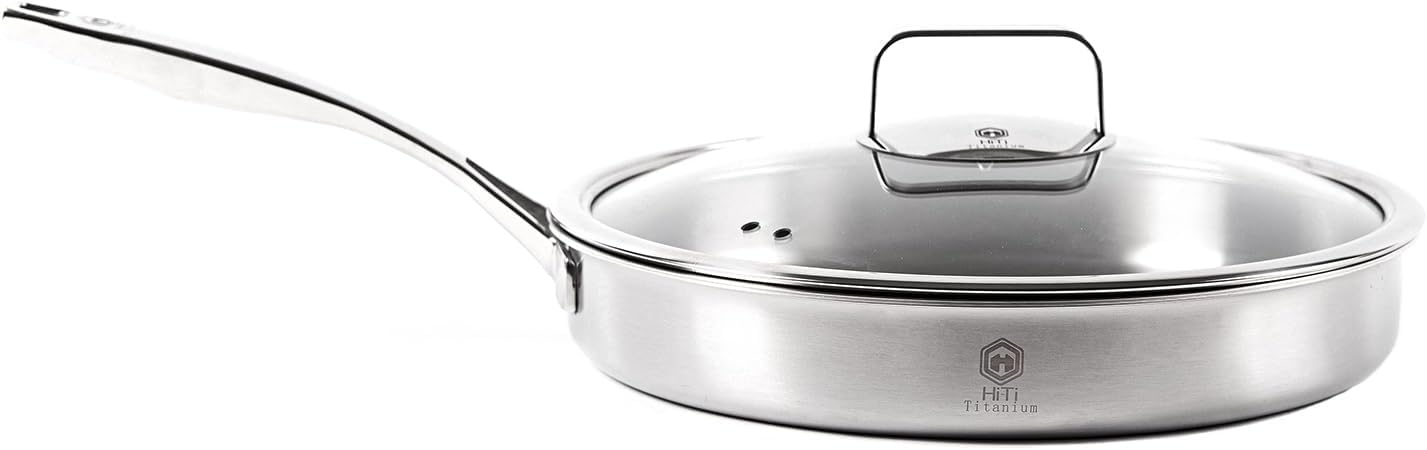 10 Inch Pure Titanium Frying Pan with Glass Lid - Coating-Free & PFOA-Free | 2.5mm Thick Titanium Body | Naturally Easy-Release Surface | Induction/Gas/Oven Safe to 500°F