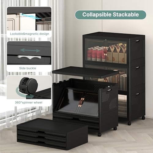 Image of UAMFURI 336QT Lockable Storage Bins with Lids - Stackable Storage Cabinet with Doors and Wheels, Collapsible Plastic Organizer and Containers for Bedroom Dorm Office Garage, 3 Pack Cubes | Stackable Organizer with Doors & Wheels, Foldable Containers for Bedroom, Dorm, Office & Garage Storage