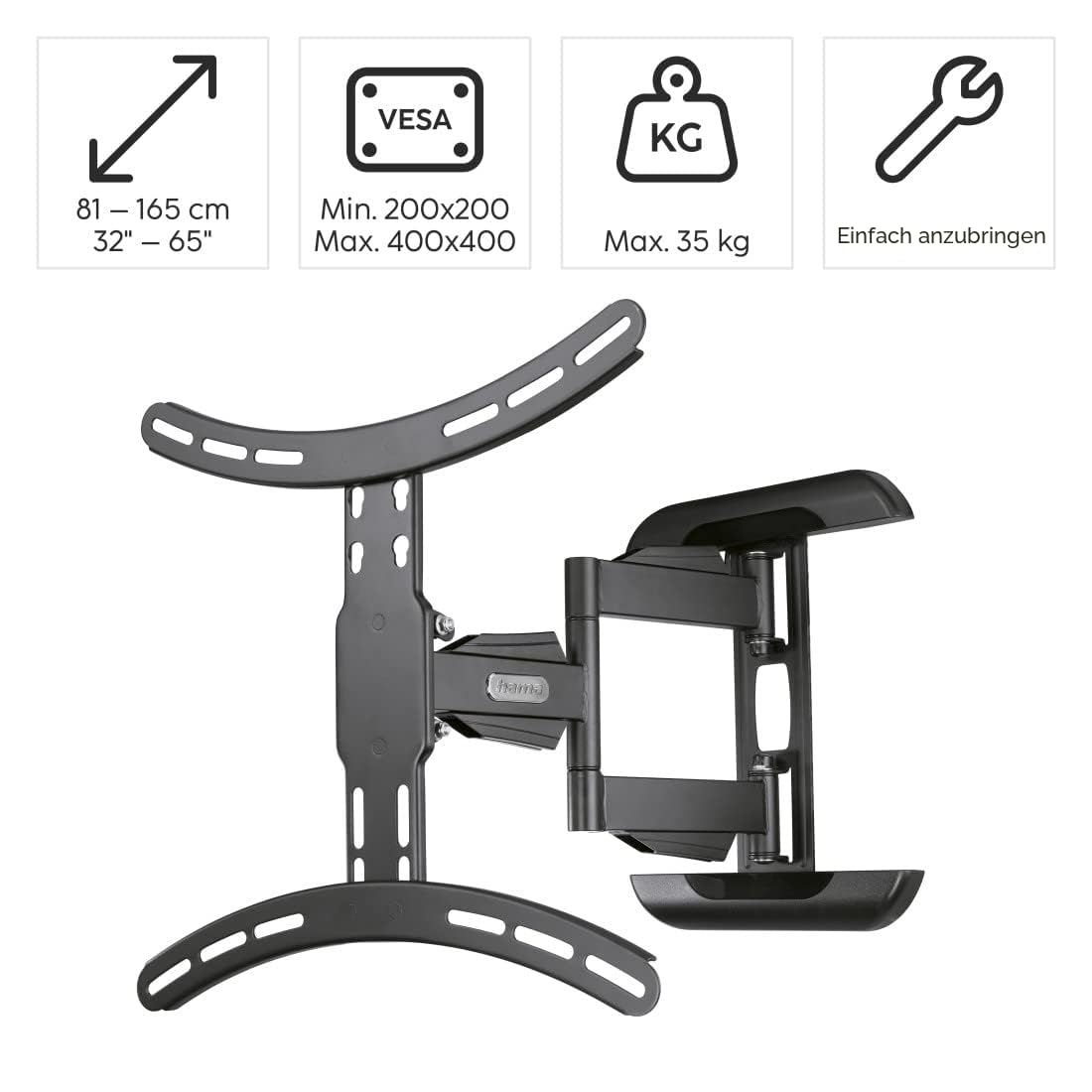 Hama TV Wandhalterung schwenkbar, neigbar, ausziehbar, 32-65 Zoll, bis 35kg | TV Wandhalterung schwarz, VESA 100x100 bis VESA 400x400, mit fischer-Dübeln