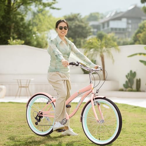 Image of ACEGER Girls Beach Cruiser Bike for Kids 5-13 Years Old, 16 inch 18 inch 20 inch 24 inch Single Speed Kids Bicycle Included Coaster Brake, Front and Rear Reflectors, 24 inch 7 Speeds with Dual Brakes