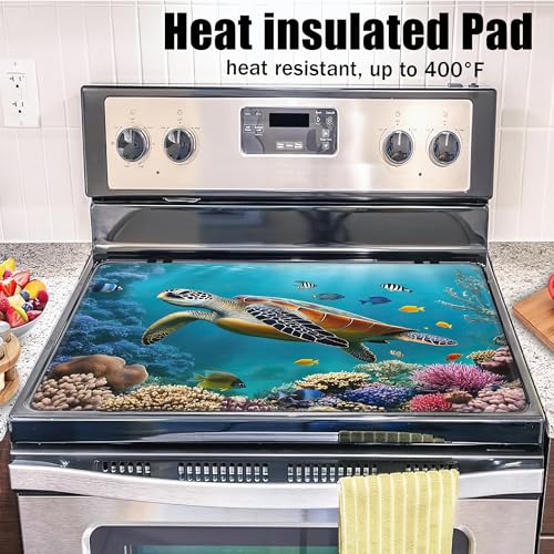 Image of Sea Turtle Glass Top Stove Cover Protector,Ocean Fish Coral Stove Top Covers for Electric Stove,Washable Heat Resistant Cooktop Mat Anti-Slip Range Covers, 28 x 20 Inch