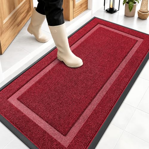 Image of OLANLY Front Door Mat Indoor Outdoor Entrance, Waterproof All-Season, All-Weather Doormat, Sturdy Natural Rubber, Fade Resistant, Low Profile, Easy Clean Patio Porch Entryway Mat, 47x23, Wine Red