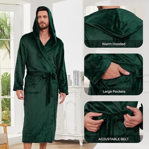 Image of Mens Hooded Fleece Robe, Lightweight Soft Warm Fleece Bathrobe Shower Spa Long Robe With Pockets