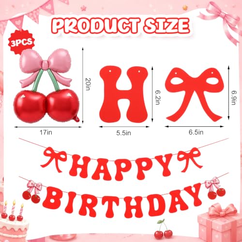 Image of Jetec 4 Pcs Cherry Birthday Decorations 3 Pink Bow Red Foil Cherries Balloons 1 Happy Birthday Pre-strung Cherry Banner for Girl Women Summer Fruit Pop up Baby Shower Decor Party Supplies