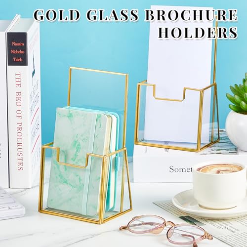 Fuyoooo 2 Pcs Gold Glass Brochure Holder Stand 4 Inch Countertop Clear Literature Trifold Pamphlet Holder Flyer Brochure Display Stand for Magazine, Booklets, Menu, Journals