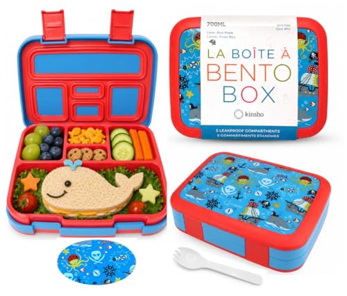 Image of kinsho Bento Lunch Box for Kids Toddlers Boys, 5 Portion Sections Secure Lid, Microwave Safe BPA Free Removable Tray, Pre-School Kid Daycare Lunches Snack Container Ages 3 to 5, Blue Pirates