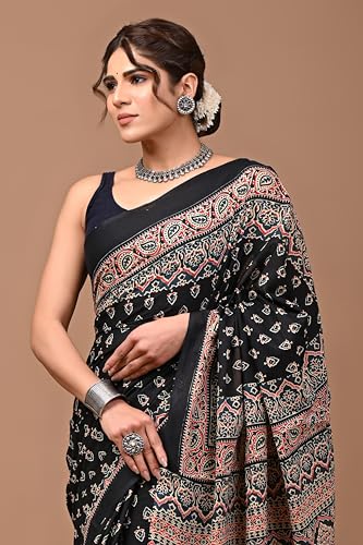 Image of Crafts Moda Hand Block Ajrakh Print Cotton Saree for women with Blouse | Soft comfortable wear sari