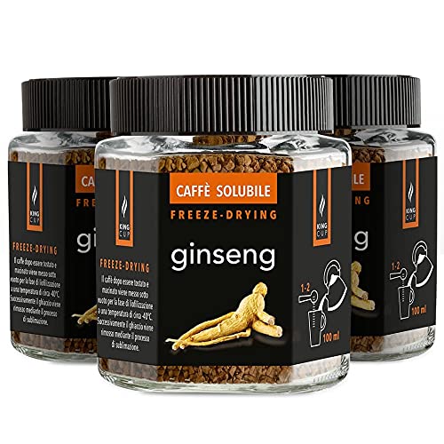 King Cup - 3 Tarros de 50gr cada uno de Café Soluble con Ginseng, Café Ginseng Sabor Instantáneo con Extra Solubilidad, Ideal para Desayuno, Brunch, Café Helado, Sin Gluten, Vegano