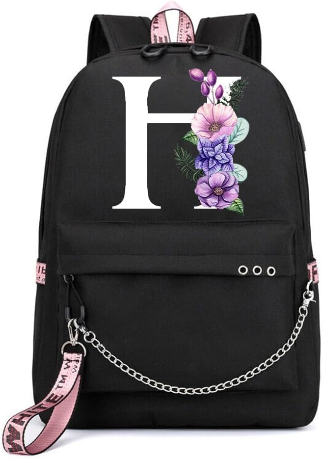 Initial Letter Printed Backpack – Laptop Bag – Casual Shoulder Bag – Travel Companion with USB Charging Port – BLACK