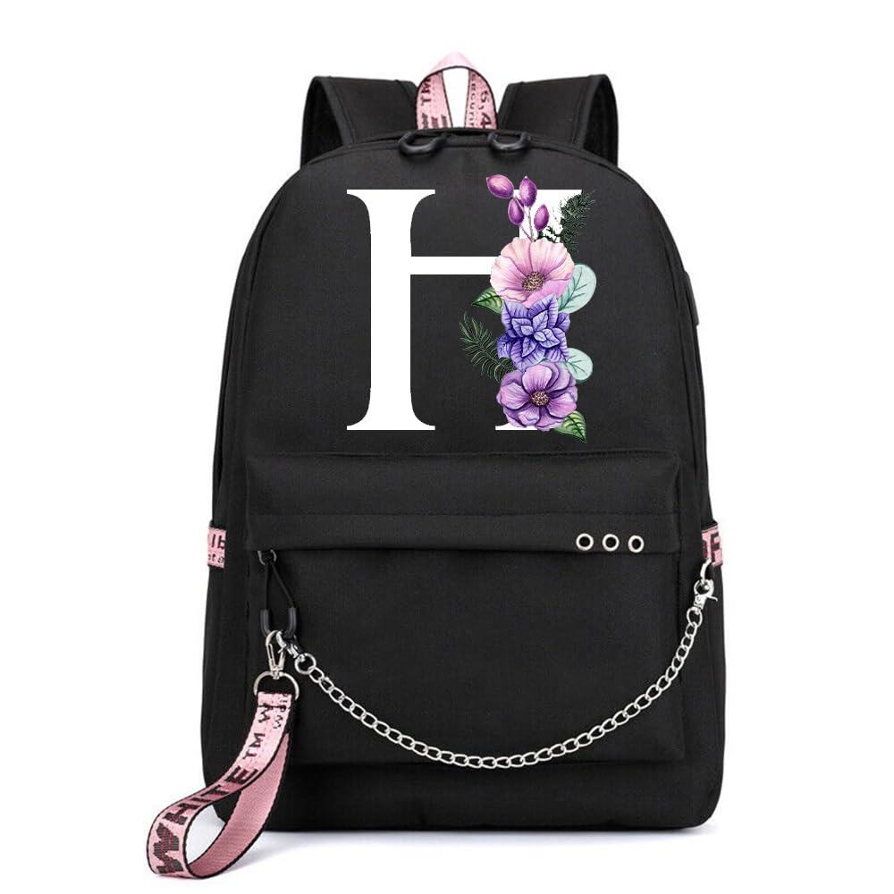 PRINTSHOP4MEInitial Letters Printed Laptop Backpack with USB Charging Port for Travel and School - Casual Shoulder Bag - Black