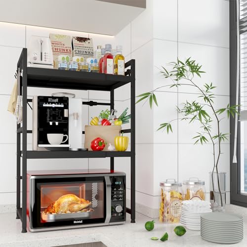 Mointal Estante Expandible para Microondas, Repisa para Microondas de Cocina de 3 Niveles, Soporte de Acero al Carbono para Microondas de Encimera, Mueble de Almacenaje de Cocina con 8 Ganchos, Negro