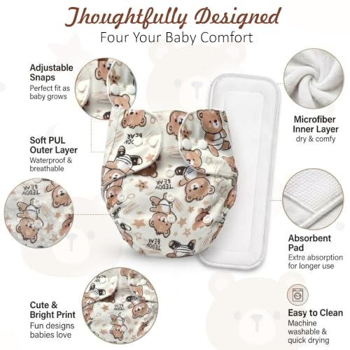 Image of GLUN Printed Reusable Baby Cloth Diaper Pack of 2, Multicolour Colour Cute Teddy Print, Comfort & Protection, Leakproof & High Absorption