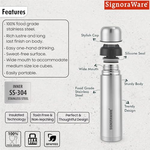 Image of SignoraWare Bullet Stainless Steel Vaccum Insulated ISI Certified Cola Bottle with Protective Cover | Airtight & Leakproof | Hot & Cold for Hours | Durable Flask for Outdoor Use (750ml | Steel)