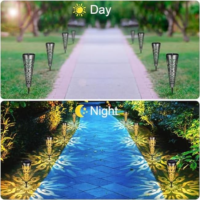 pearlstar Solar Lights Outdoor Garden Decorative Pathway Lights Waterproof Unique LED Solar Stake Lights for Patio Yard Walkway Driveway Landscape Decor, Conical, Warm Lights, Black-6pack