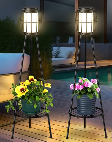 2 Pack Solar Floor Lamps with Plant Stand Waterproof Metal Solar Powered Outdoor Lights with Plant Shelf for Patio Deck Porch Yard Garden Decor