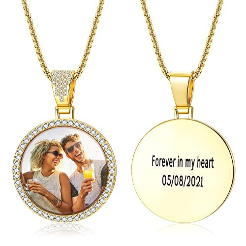 Jewenova Personalized Round Gold Photo Necklace for Women Men, Jewelry Engraved Custom Picture Necklace, Memory Hip Hop Medallion Pendant with Box Chain