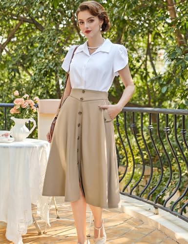 Belle Poque Womens A Line Midi Skirt Vintage Button Down Swing Skirt High Waisted Slit Pleated Skirt with Pockets4