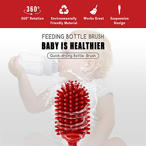 Image of Silicone Bottle Cleaning Brush with Long Handle, BPA Free 12.5 inch Water Bottle Cleaner for Baby Bottles, Hydro Flask, Sports Bottle, Vase, Glassware, Perfect for Smaller Diameter Bottle Openings (Red)
