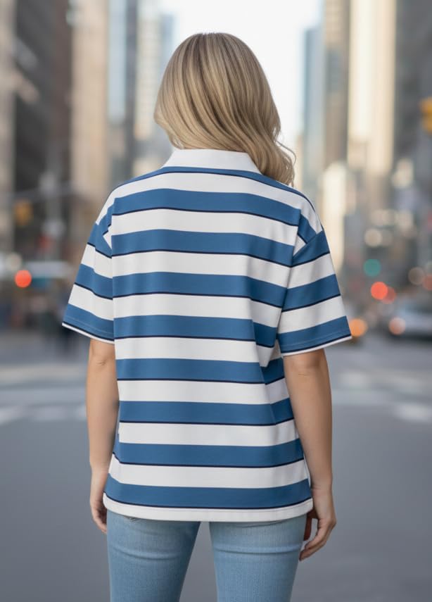 Image of Mack Jonney Women's Striped Polo T-Shirt | Half Zip Collar | Half Sleeve Cotton Casual Top | Relaxed Fit-M7496