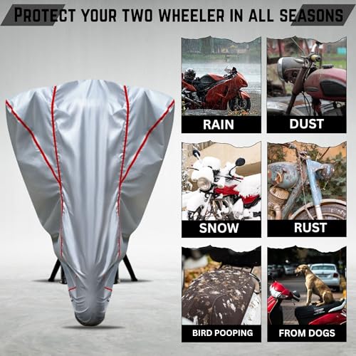 Image of Taffeta Bike Cover Premium Waterproof, Dustproof & UV Protected Two-Wheeler Body Shield | Heavy-Duty, All-Weather Protection | Universal Fit for Motorcycles & Scooters (Silver Red Pipe)