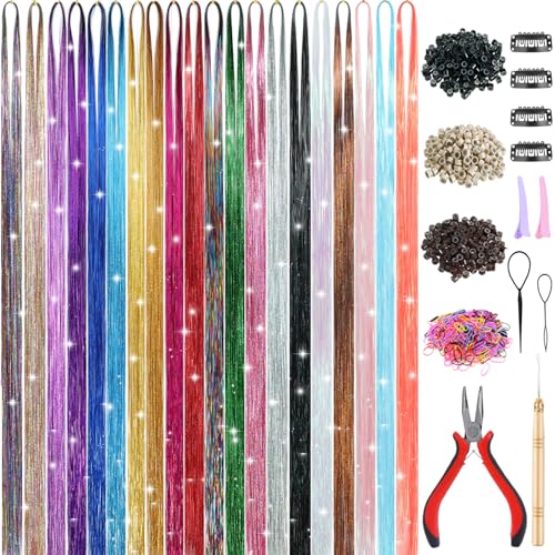 Ainani 20 Colors Hair Tinsel Kit with Tools 48 Inch 4600 Strands Fairy Hair Tinsel Heat Resistant Glitter Tinsel Hair Extensions Hair Accessories Hair Tinsel Kit for Girls Women Kids (20 Colors)