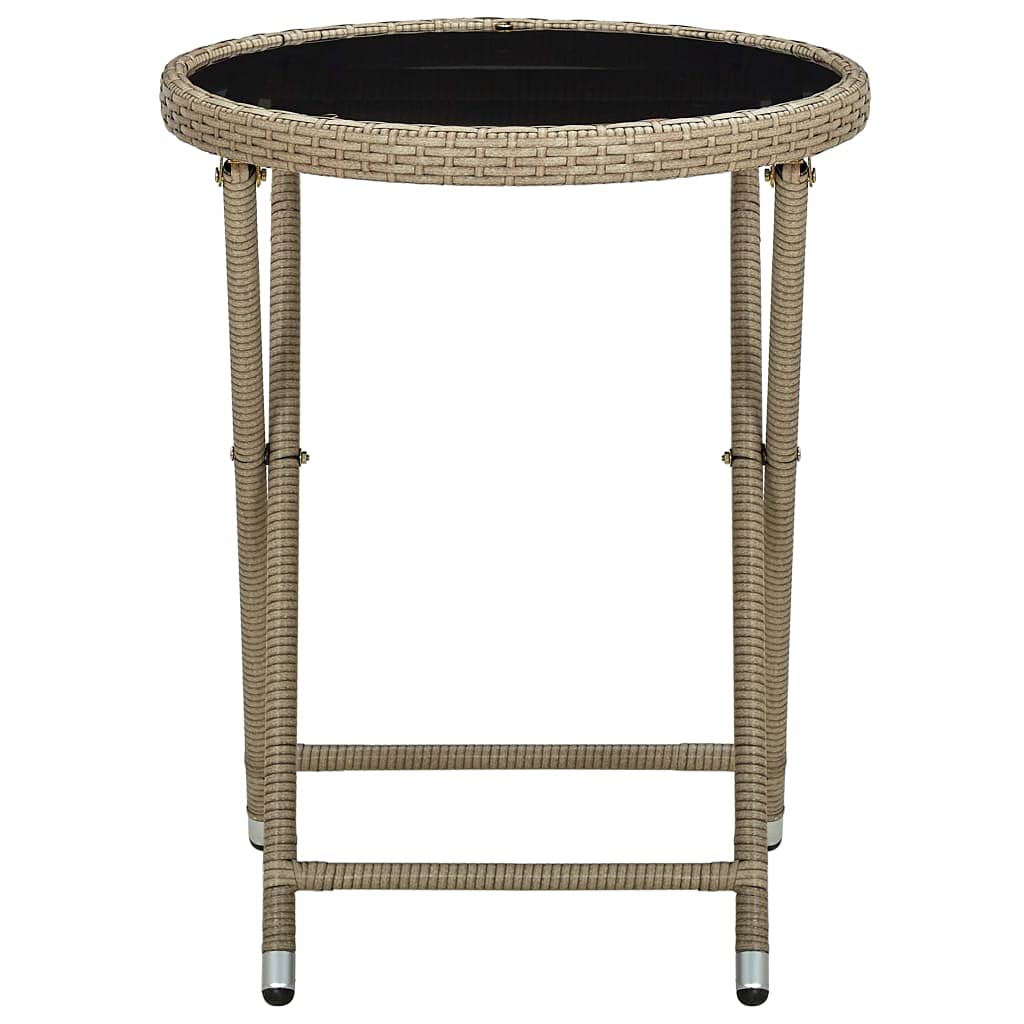 Mesa auxiliar beige de 60 cm de polirratán con cristal templado, resistente a la intemperie, plegable, ideal para terraza, balcón y uso al aire libre