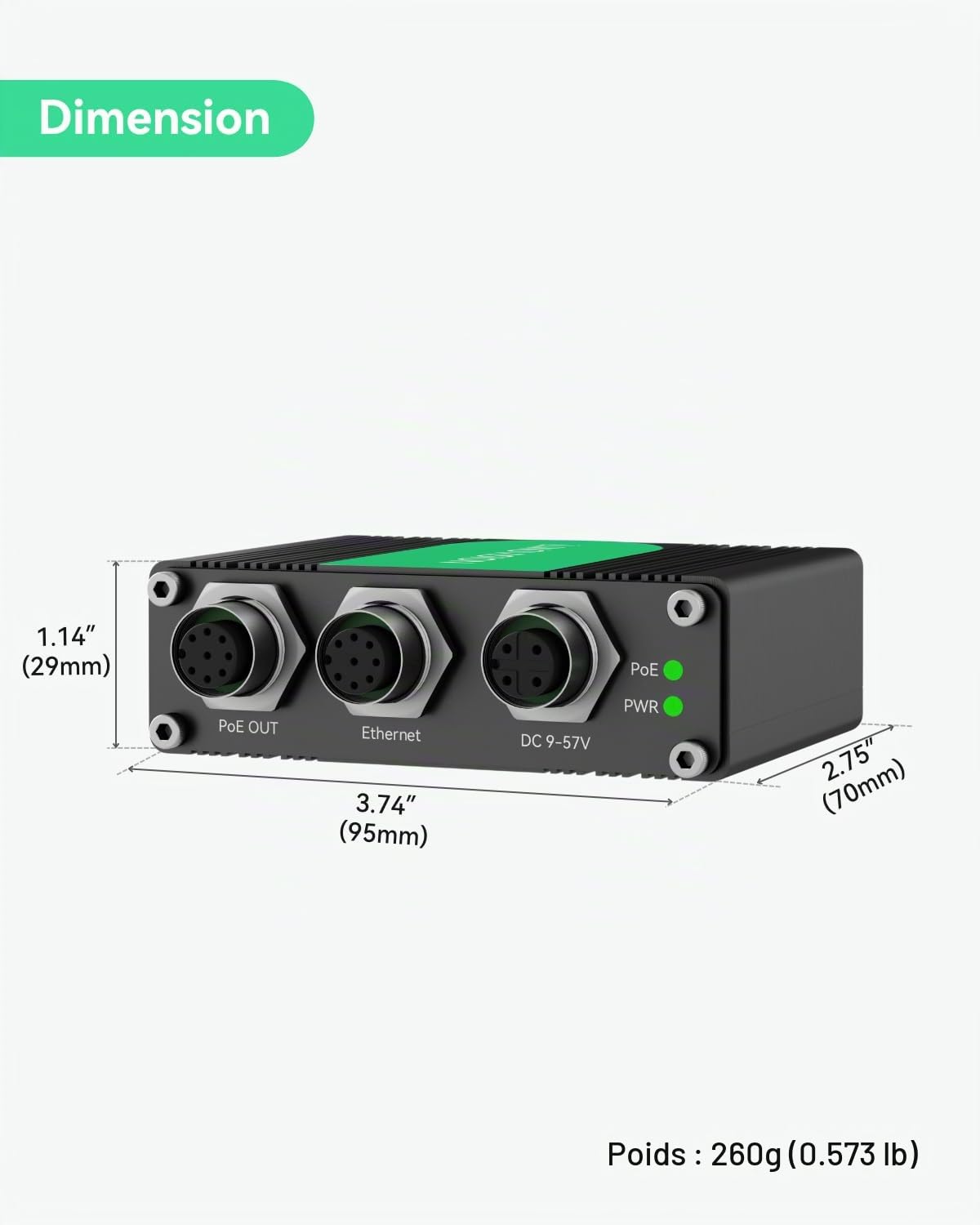 LINOVISION Injecteur PoE Gigabit Industriel avec Interface M12 BT90W - Prise en Charge de l'entrée 9~57VDC