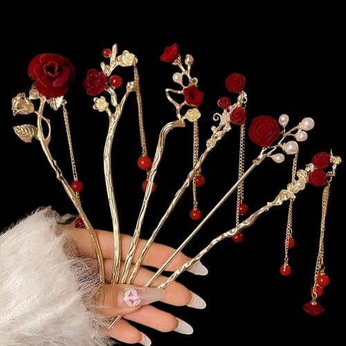 Image of HONEY ACCESSORIES-6pcs Rose Flower Hair stick Chinese Style Flocked Flowers Hair Sticks Metal Leaves Pearl Tassel Hairpin Pendant Hair Accessories for Women Girls