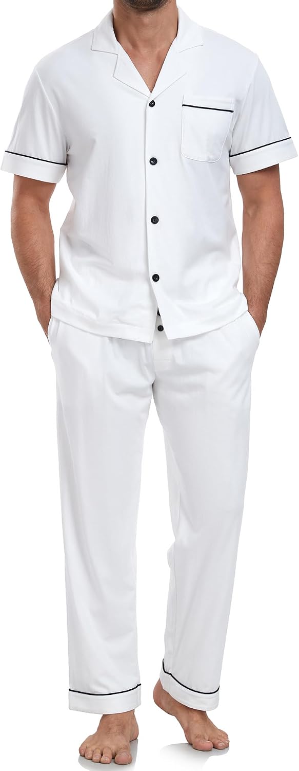 100% Cotton Pajama for Men Set Short Sleeve Lounge Wear, S-XL