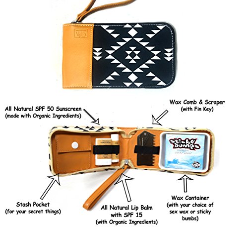 Surfer Gift & Surf Accessory with Stylish Zip Canvas Pouch, Surf Wax Holder, Elastic Loops for Sunscreen, Lip Balm & Wax Scraper - Items shown Included in Surf Kit (Black Aztec, Matunas) - Thumbnail 6