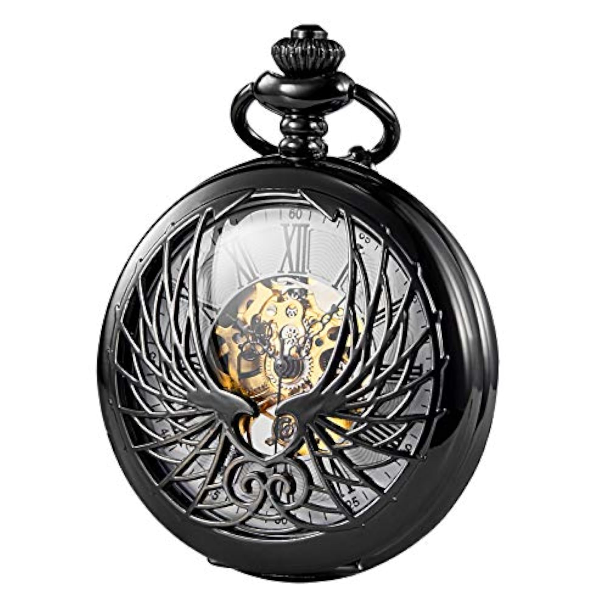 Skeleton Eagle Wings Design Black Case Pocket Watch