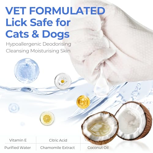 Image of Pet Cleaning Glove Wipes for Dogs & Cats, Hypoallergenic Deodorizing Disposable No-Rinse Grooming Wipes, Wipes, Perfect for Pet Dry Cleaning, Daily Care and Travel, Coconut Scent, 8 pcs