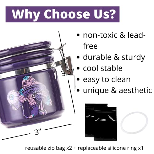 Mushroom Smell Proof Container Half Oz (250Ml), Separate Space For Humidity Pack To Keep Herbs Fresh For Months - Cute Girly Stash Jar, Smell Proof Case Airtight Storage Holder Accessories - Purple #TOP5