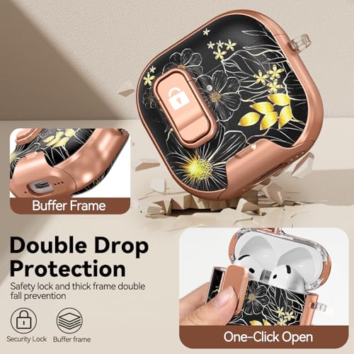 Image of for AirPods 4 Case 2024 with Safty Lock-Black Gold Leaves | As Phone Stand, for Women Girly, with Keychain & Cleaner Kit,Two-Piece Design,Support Wireless Charging,Clear TPU+PC Material