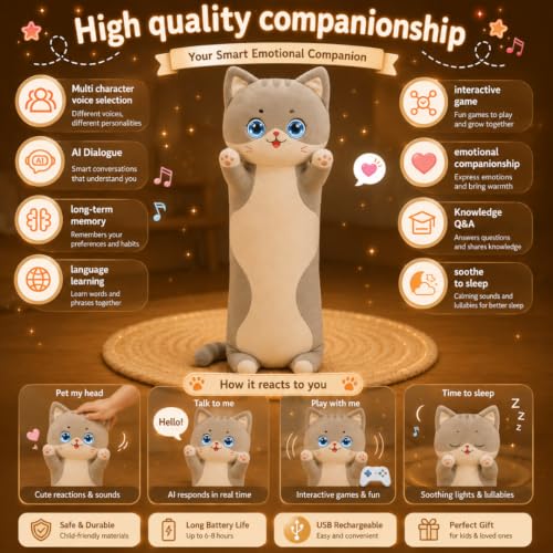 Image of Adorable Long Cat Stuffed Toy AI Plush Toy Soft Snuggly Kitty Pillow for Couch