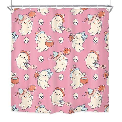 Image of Pink Halloween Shower Curtain Funny Ghost Cute Skull Pumpkin Bathroom Decor | 72 X 72 Inches Halloween Home Decor Fabric Polyester Waterproof 12 Pack Hooks