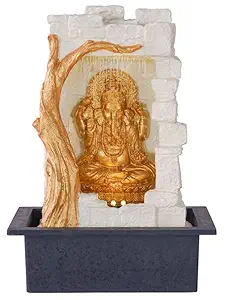 CHRONIKLE Polyresin Golden Color Ganesha Idol Table Top Home Decor Indoor Front Curtain Waterfall Fountain with Yellow LED Lights & Speed Controller Pump (Size: 40 x 29.5 x 22 CM | Weight: 2265 grm)