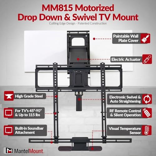 Image of MantelMount MM815 Motorized Remote Control Pull Down TV Mount with Automated Swivel | Above Fireplace Mount for TVs 45 inch-90 inch Up to 115 lbs | RF Remote Control & Favorite Memory Positions