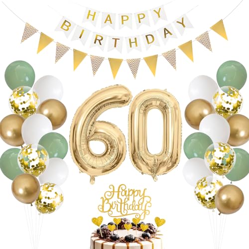 60. Geburtstag Deko Salbeigrüne - Luftballon für Männer und Frauen Ballon Grün Weiß Gold Zahl 60 Folienballon Tortendeko für 60. Dekoration