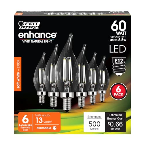 Feit Electric 60-Watt Equivalent BA10 LED Light Bulb, Dimmable Enhance Glass Candelabra Filament, 500 Lumens, 13 Yrs. Lifetime, 2700K Soft White, 6-Pack - CFC60/927CA/FIL/6