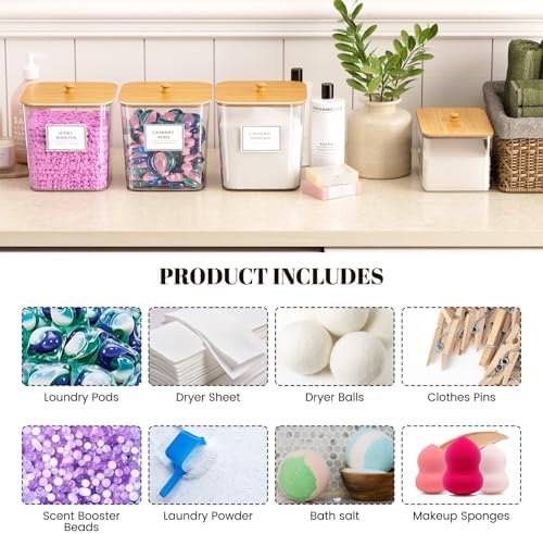 3+1 Pack Laundry Pods Container,Clear Laundry Room Organization Containers,Large Laundry Detergent Powder Storage Containers with Wooden Lids & Labels,Laundry Pods Holder for Scent Booster,Powder,Pods 5