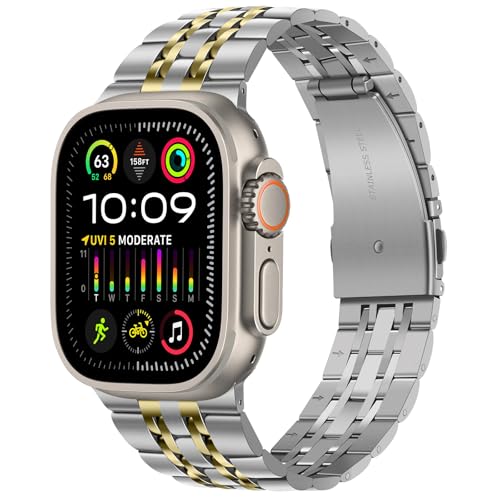 アップルウォッチバンド コンパチブル Apple Watch Ultra 49mm、男性女性 iWatch バンド ソリッドステンレススチールメタル交換バンド Apple Watch Ultra 3 2 1に対応 (銀-金)